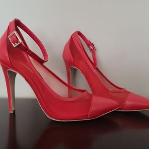 BCBGeneration Red Cynthia Leather Mesh Pointed Toe Ankle Stiletto Pump Heels 7.5
